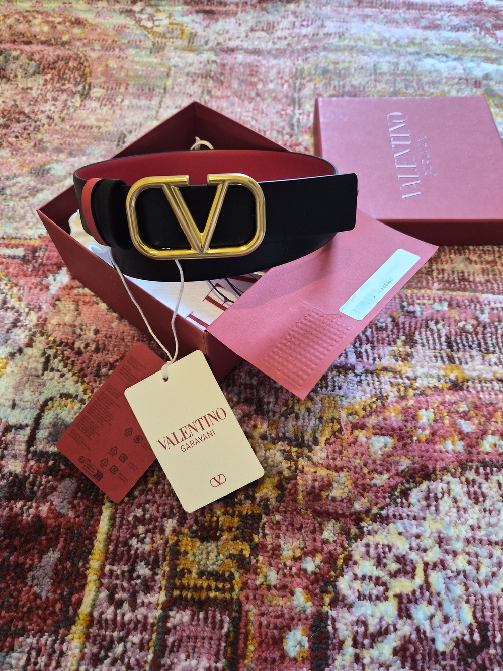 Valentino Garavani Black and Red VLOGO Reversible Leather Belt